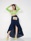 Women Navy Blue Denim Ruffle High Low Skirt