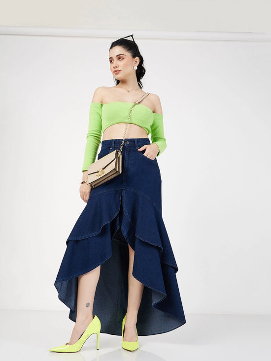 Women Navy Blue Denim Ruffle High Low Skirt