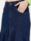 Women Navy Blue Denim Ruffle High Low Skirt