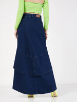 Women Navy Blue Denim Ruffle High Low Skirt