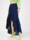 Women Navy Blue Denim Ruffle High Low Skirt