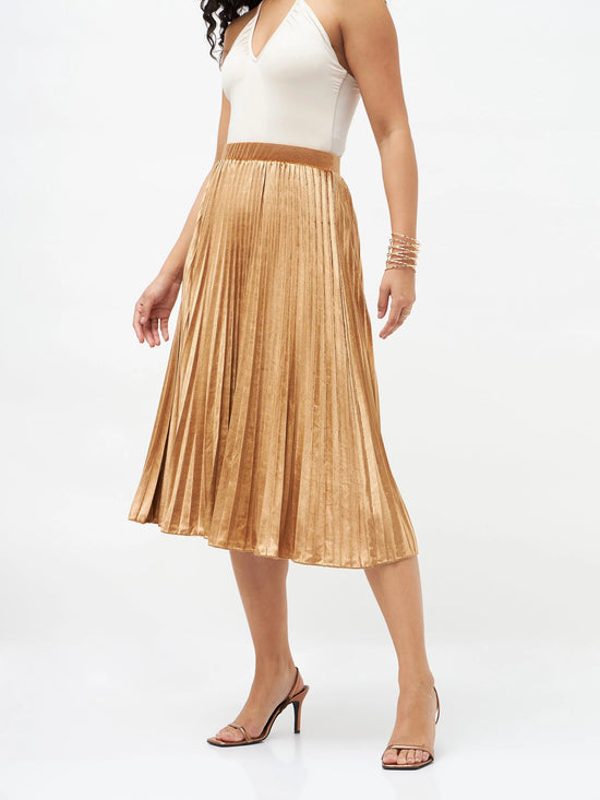 Women Gold Velvet Pleated Skirt