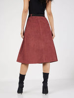 Women Rust Corduroy A-Line Midi Skirt