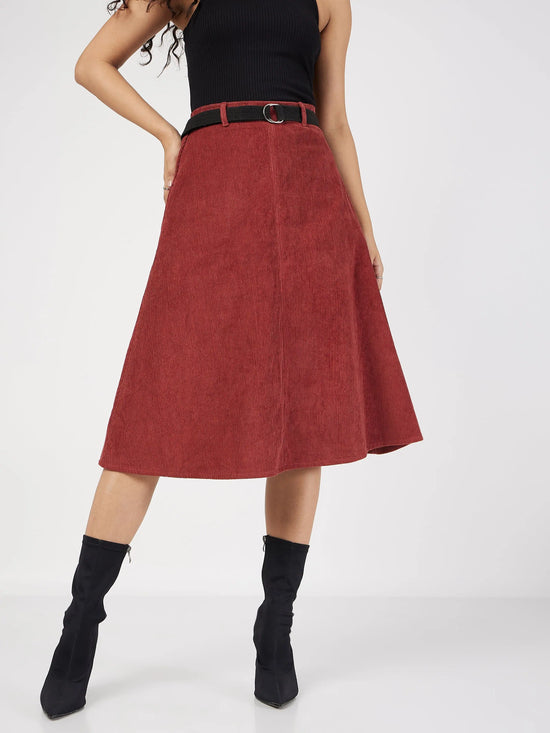 Women Rust Corduroy A-Line Midi Skirt