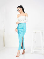 Women Turquoise Rib Front Ruched Midi Skirt