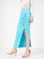 Women Turquoise Rib Front Ruched Midi Skirt