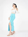 Women Turquoise Rib Front Ruched Midi Skirt