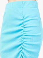 Women Turquoise Rib Front Ruched Midi Skirt