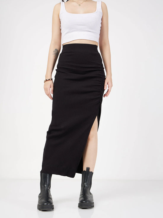 Wholesale Women Black Rib Front Ruched Midi Skirt