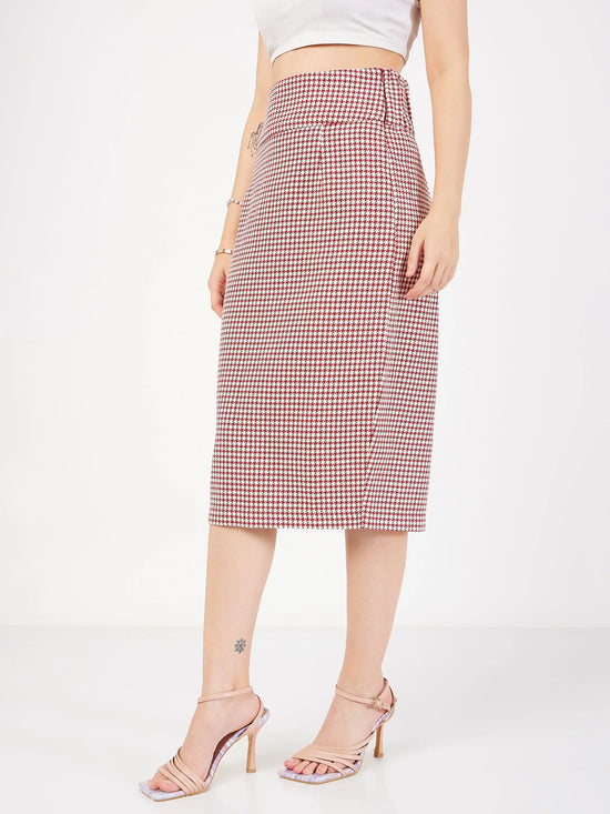 Women Red Houndstooth Jacquard Tweed Pencil Skirt