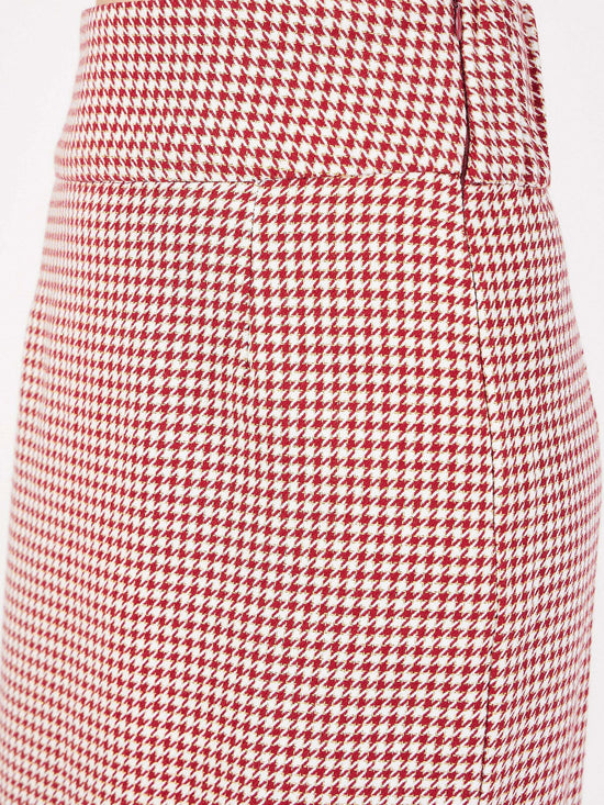 Women Red Houndstooth Jacquard Tweed Pencil Skirt