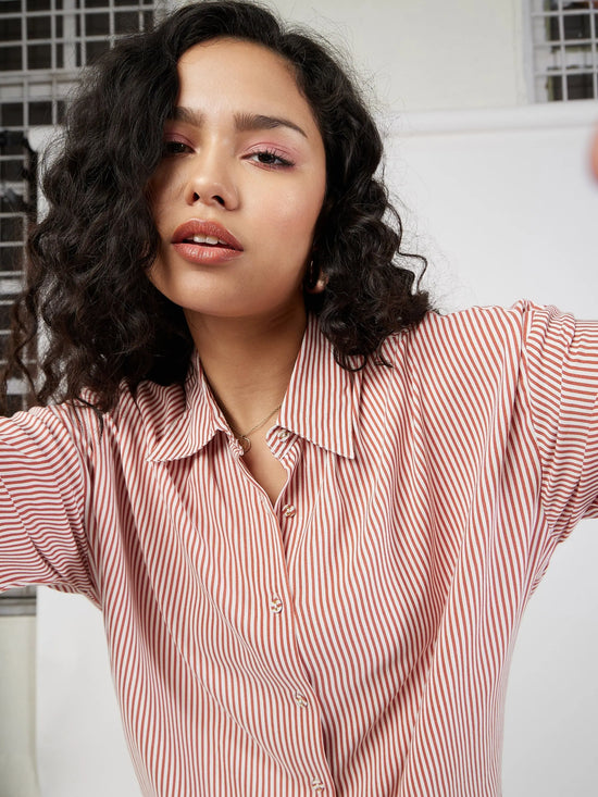 Women Red & White Pinstriped Oversize Shirt