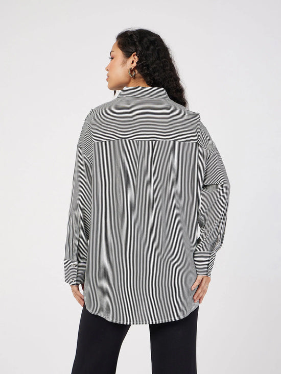 Women Black & White Pinstriped Oversize Shirt