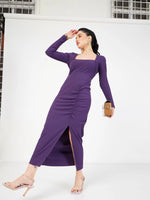 Women Purple Rib Front Ruched Midi Skirt