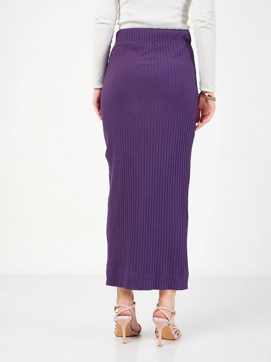 Women Purple Rib Front Ruched Midi Skirt