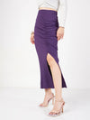 Women Purple Rib Front Ruched Midi Skirt