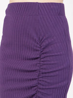 Women Purple Rib Front Ruched Midi Skirt