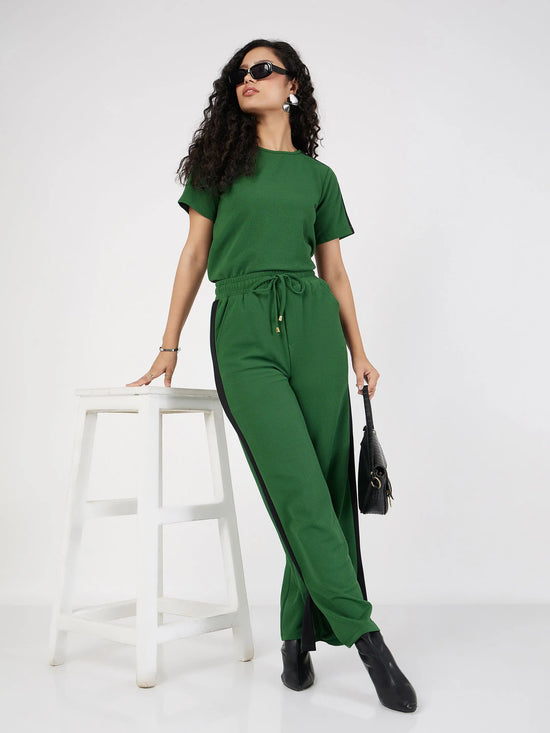 Women Green Contrast Tape T-Shirt With Track Pants