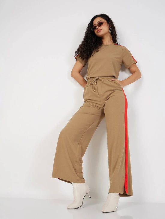 Women Beige Contrast Tape T-Shirt With Track Pants