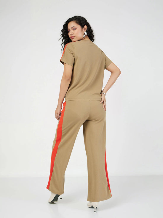 Women Beige Contrast Tape T-Shirt With Track Pants