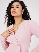 Women Pink Wrap Peplum Top With Bellbottom Pants