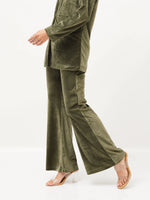 Women Olive Velvet Bell Bottom Pants