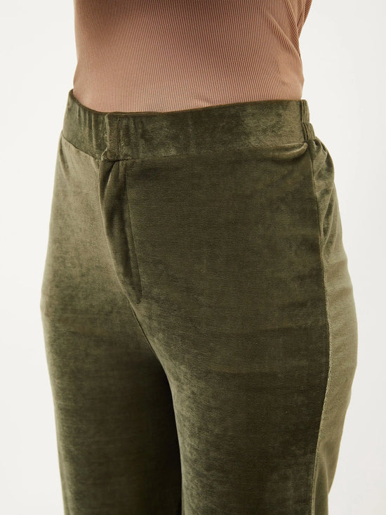 Women Olive Velvet Bell Bottom Pants