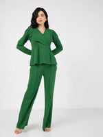 Women Green Wrap Peplum Top With Bellbottom Pants