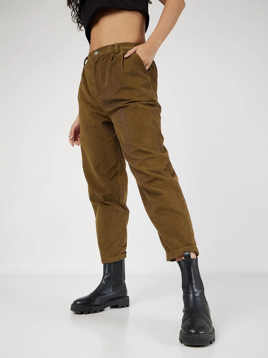 Women Beige Corduroy Carrot Fit Pants