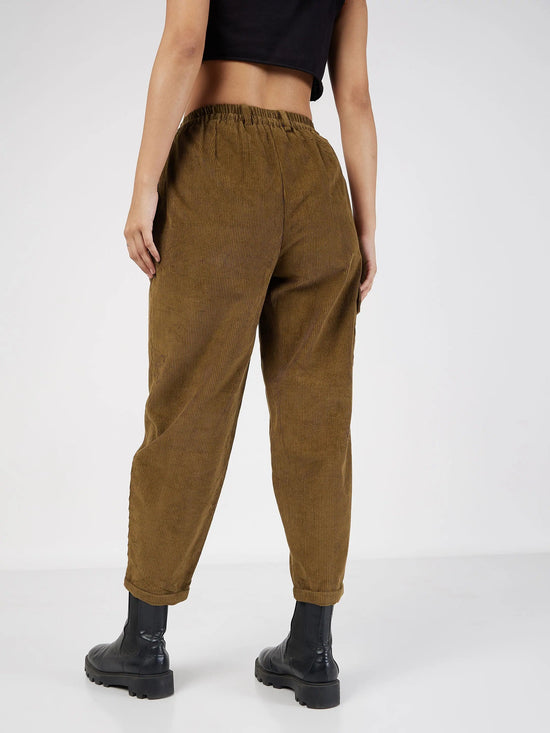 Women Beige Corduroy Carrot Fit Pants