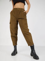 Women Beige Corduroy Carrot Fit Pants