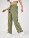 Women Olive Corduroy Pouch Pocket Drawstring Pants