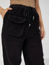 Women Black Corduroy Pouch Pocket Drawstring Pants