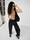 Women Black Corduroy Pouch Pocket Drawstring Pants