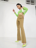 Women Beige Bone Pocket Bell Bottom Pants