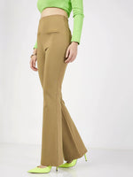 Women Beige Bone Pocket Bell Bottom Pants