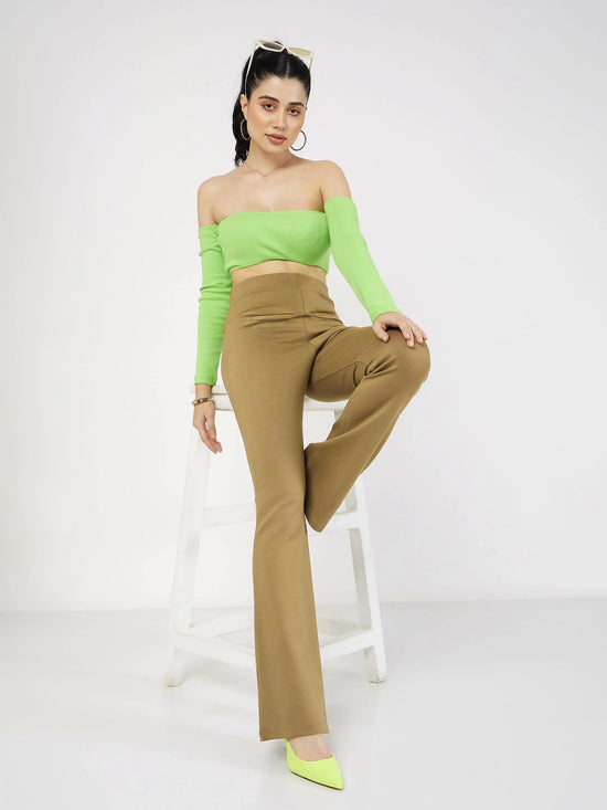 Women Beige Bone Pocket Bell Bottom Pants