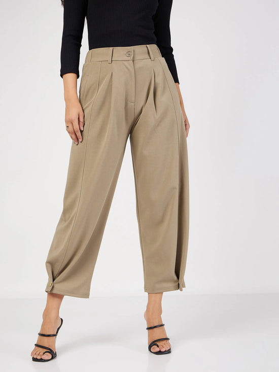 Women Beige Button Hem Darted Balloon Pants