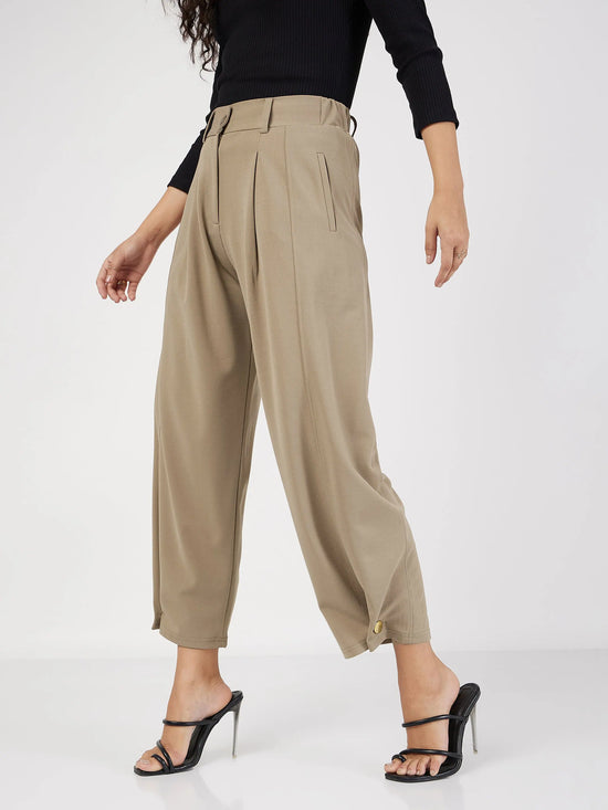 Women Beige Button Hem Darted Balloon Pants