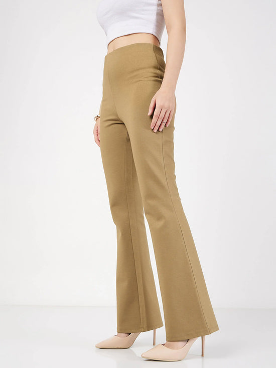 Women Beige Bell Bottom 4-Way Stretch Pants