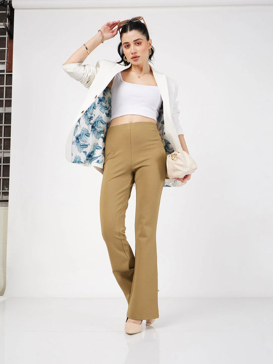 Women Beige Bell Bottom 4-Way Stretch Pants