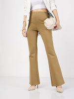 Women Beige Bell Bottom 4-Way Stretch Pants