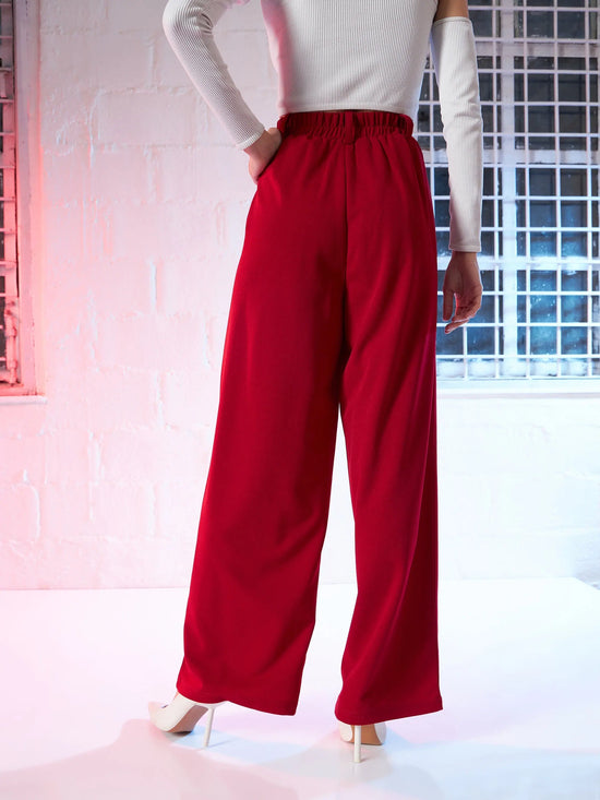 Women Red Korean Pleated Loose Fit Pants