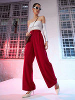 Women Red Korean Pleated Loose Fit Pants