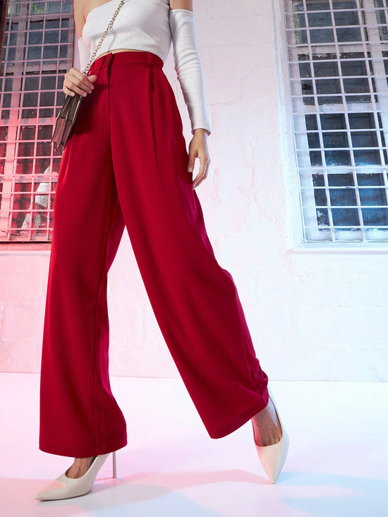 Women Red Korean Pleated Loose Fit Pants