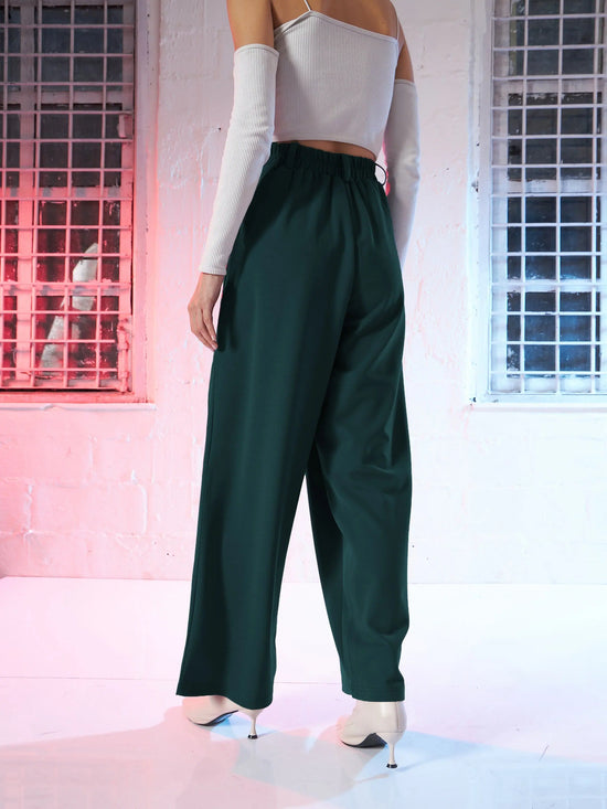 Women Emerald Green Korean Pleated Loose Fit Pants