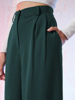 Women Emerald Green Korean Pleated Loose Fit Pants