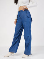 Women Blue Denim Baggy Fit Cargo Pants-SFPANT50575XS