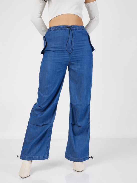 Women Blue Denim Baggy Fit Cargo Pants-SFPANT50575XS