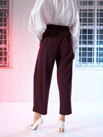 Women Burgundy Button Hem Darted Balloon Pants